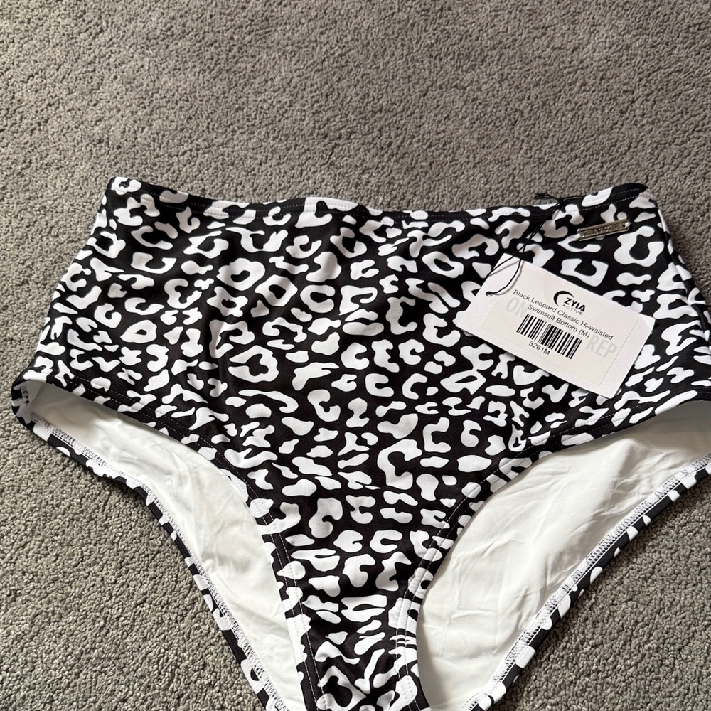 Zyia Black & White Leopard High-Waist Bikini Bottom